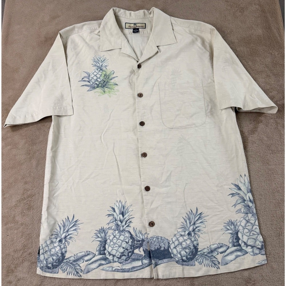 Tommy Bahama Shirt Mens Medium Cream White Pineapple Print Silk Short Sleeve EUC
